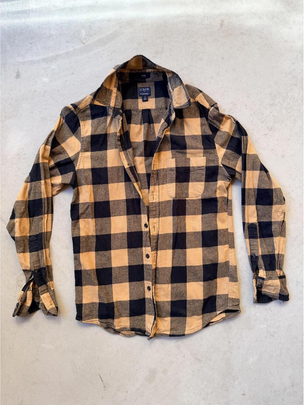 J.Crew Men's Slim Fit Buffalo Plaid Flannel Shirt Tan Black Long Sleeve Small